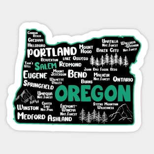 Cute map of Salem Oregon, Portland, Eugene, Springfield, Bend, Ontario, Medford Sticker